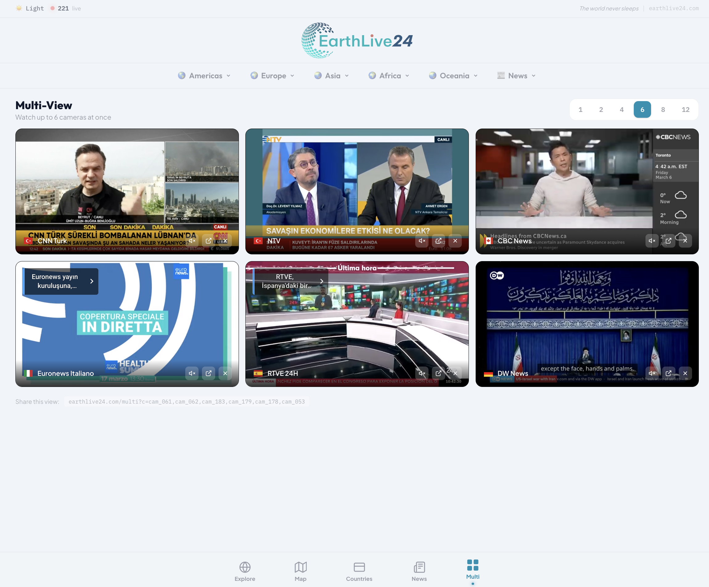 EarthLive24 Multi-View — 6 news channels side by side
