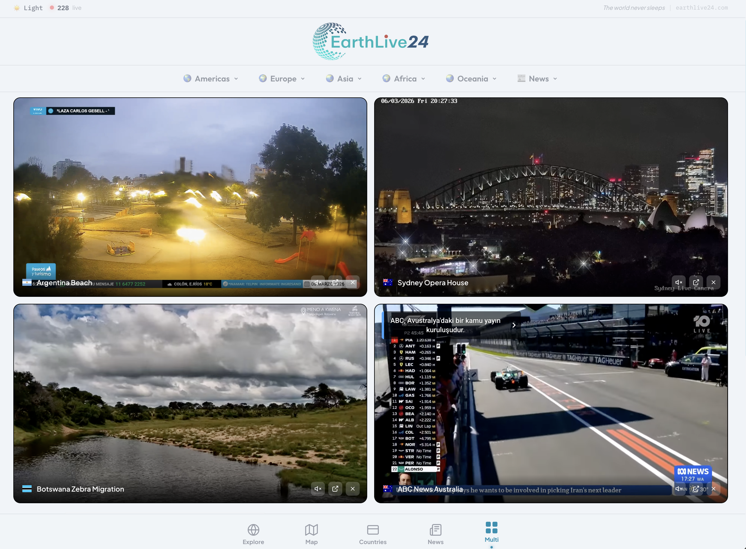 EarthLive24 Multi-View — Watch 4 live streams simultaneously